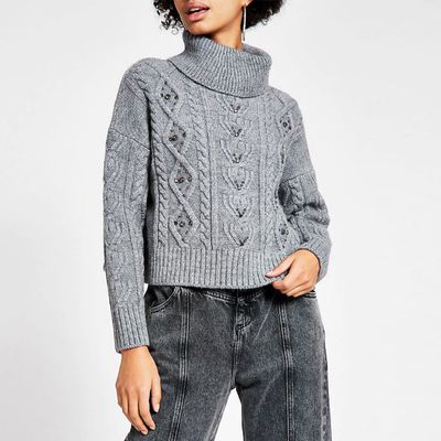 Dark Grey Embellished Crop Knitted Jumper