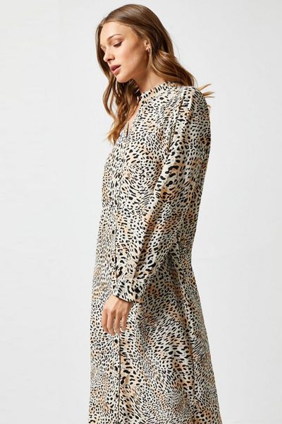 Multi Colour Leopard Print Notch Neck Shirt Maxi Dress