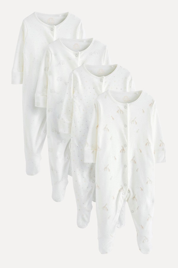 Delicate White Animal Baby Printed Long Sleeve Sleepsuits from Next
