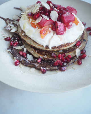 Banana Oat Protein Pancakes With Pink Rhubarb, Pomegranate & Blood Orange