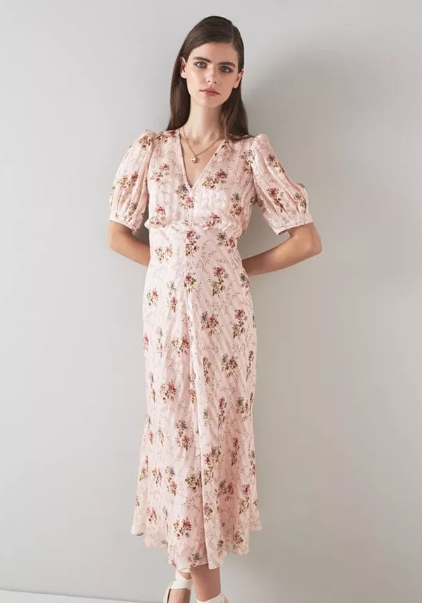 Leith Pink Wildflower Potpourri Silk Metallic Stripe Dress