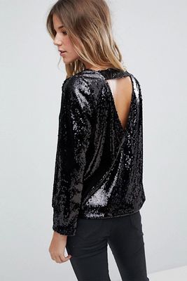 Long Sleeve Sequin Open Back Top from Boohoo