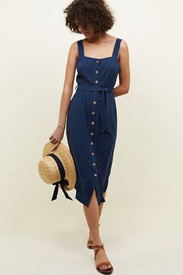Navy Belted Button Front Midid Dress from New Look