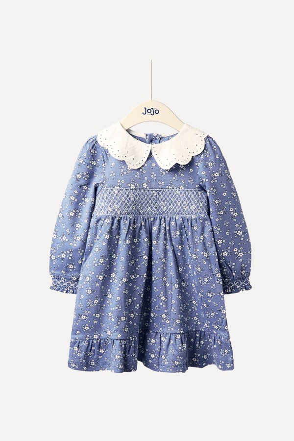 Floral Smocked Jersey Dress with Broderie Collar