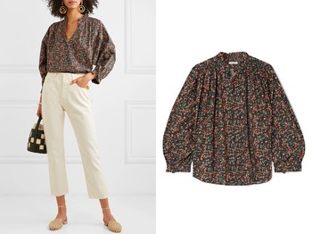 Rose Gathered Floral-Print Cotton-Poplin Blouse