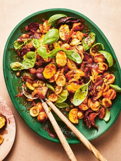 Roasted Vegetable & Orecchiette Salad With A Tomato & Caper Dressing