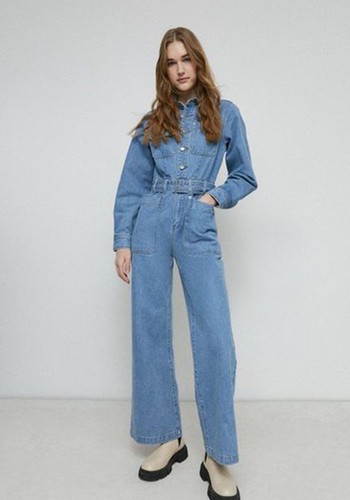 Denim Utility Detail Wide Leg Boilersuit from Warehouse