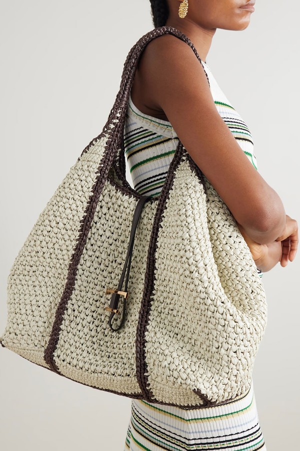 T Timeless Leather-Trimmed Crocheted Raffia Tote from Tod's