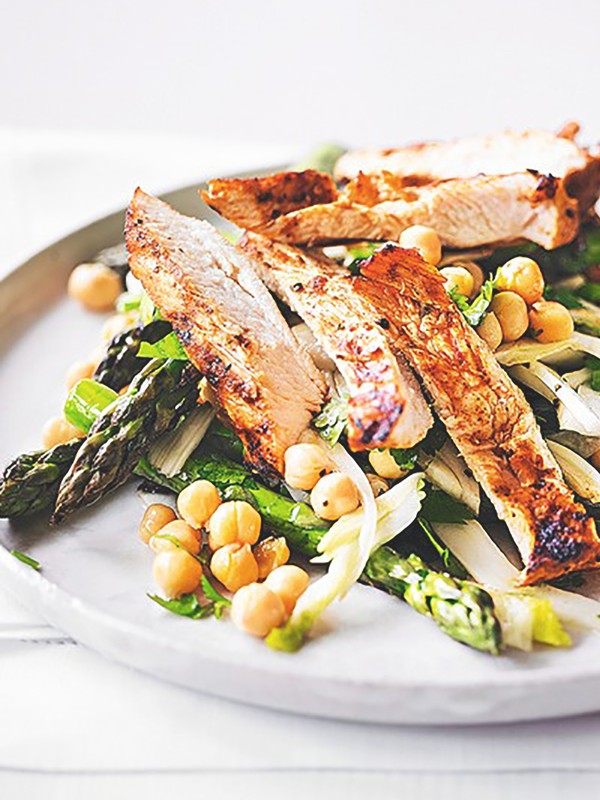 Seared Harissa Chicken Salad With Fennel, Asparagus & Chickpeas