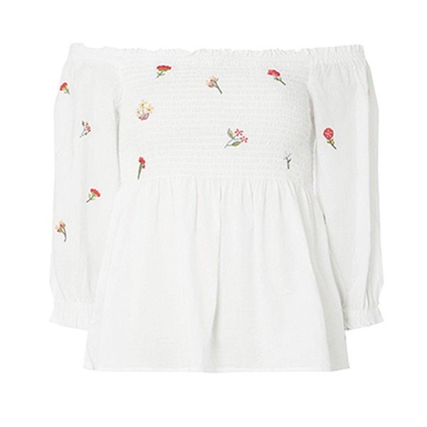 Ivory Shirred Embroidered Bardot Top