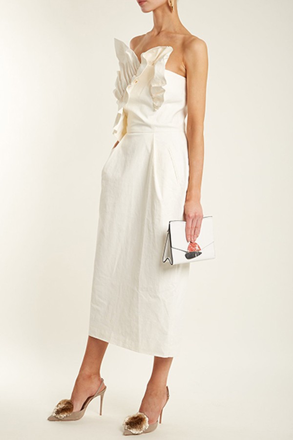Ruffle-Trimmed Strapless Coated Linen-Blend Dress from Anna October