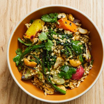 Crispy Brown Rice With Deeply Roasted Broccoli, Carrots & Turnips 